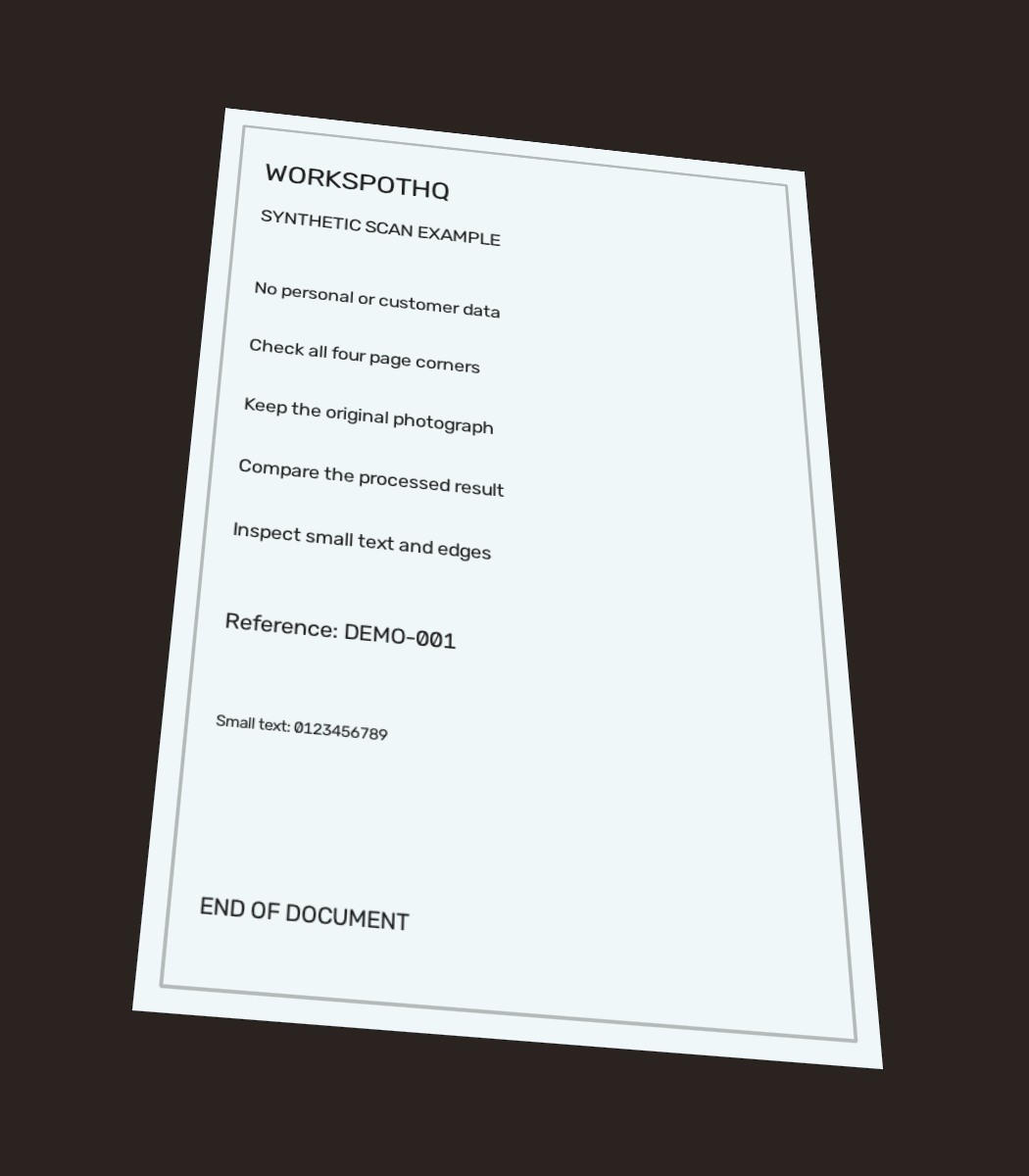 Dark desk, tilted page: synthetic source photograph