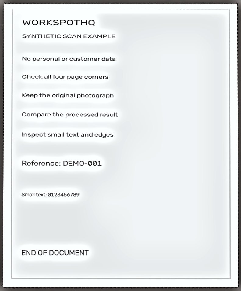 Dark desk, tilted page: actual scanner output